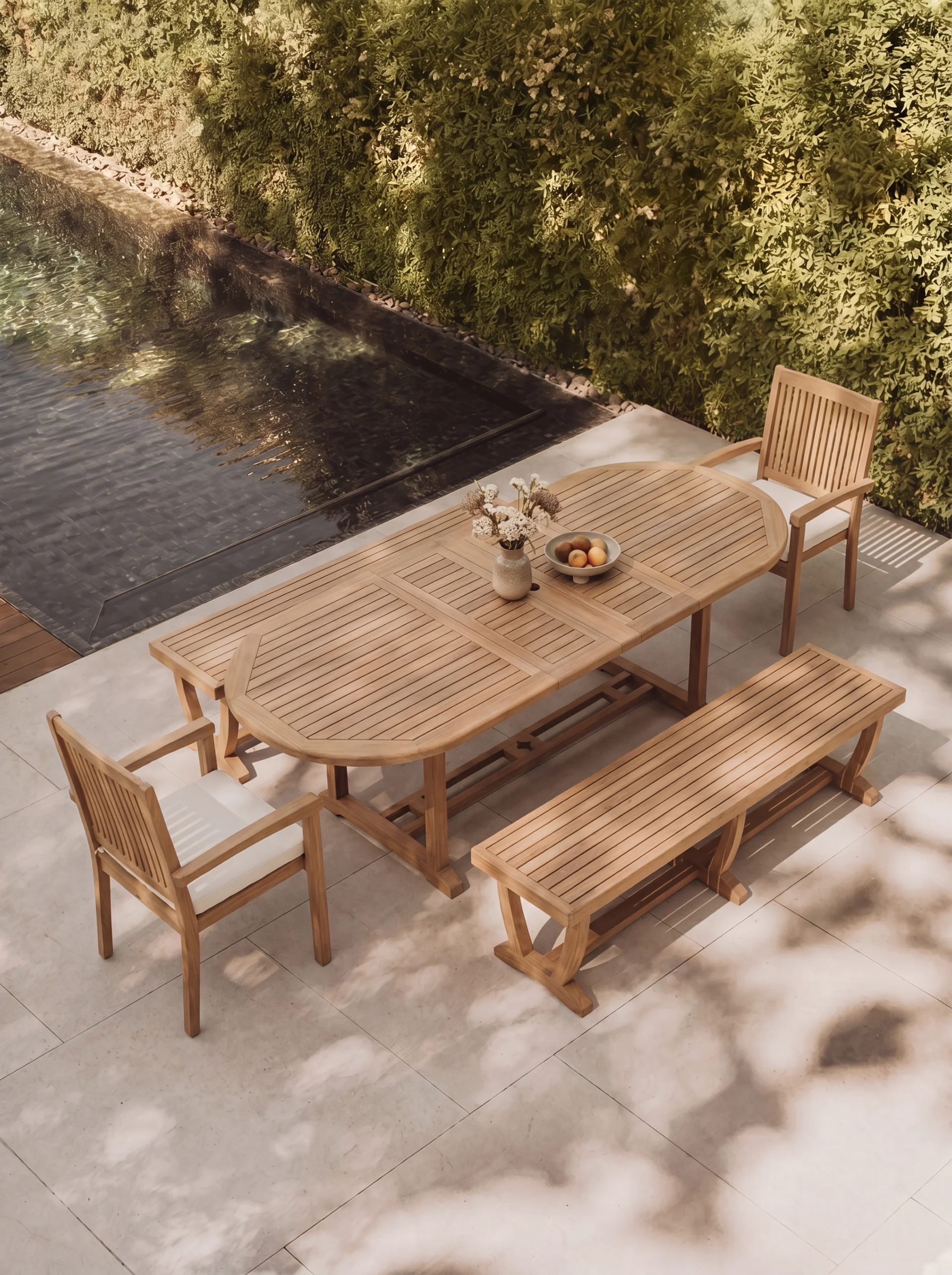 Teak Belgrave 8 Seater Extending Table 1.8m-2.4m (4cm Thick Top) with 2*Teak Burnham Chairs & 2* Burnham Bench 180cm (Garden / Outdoor Dining Set)
