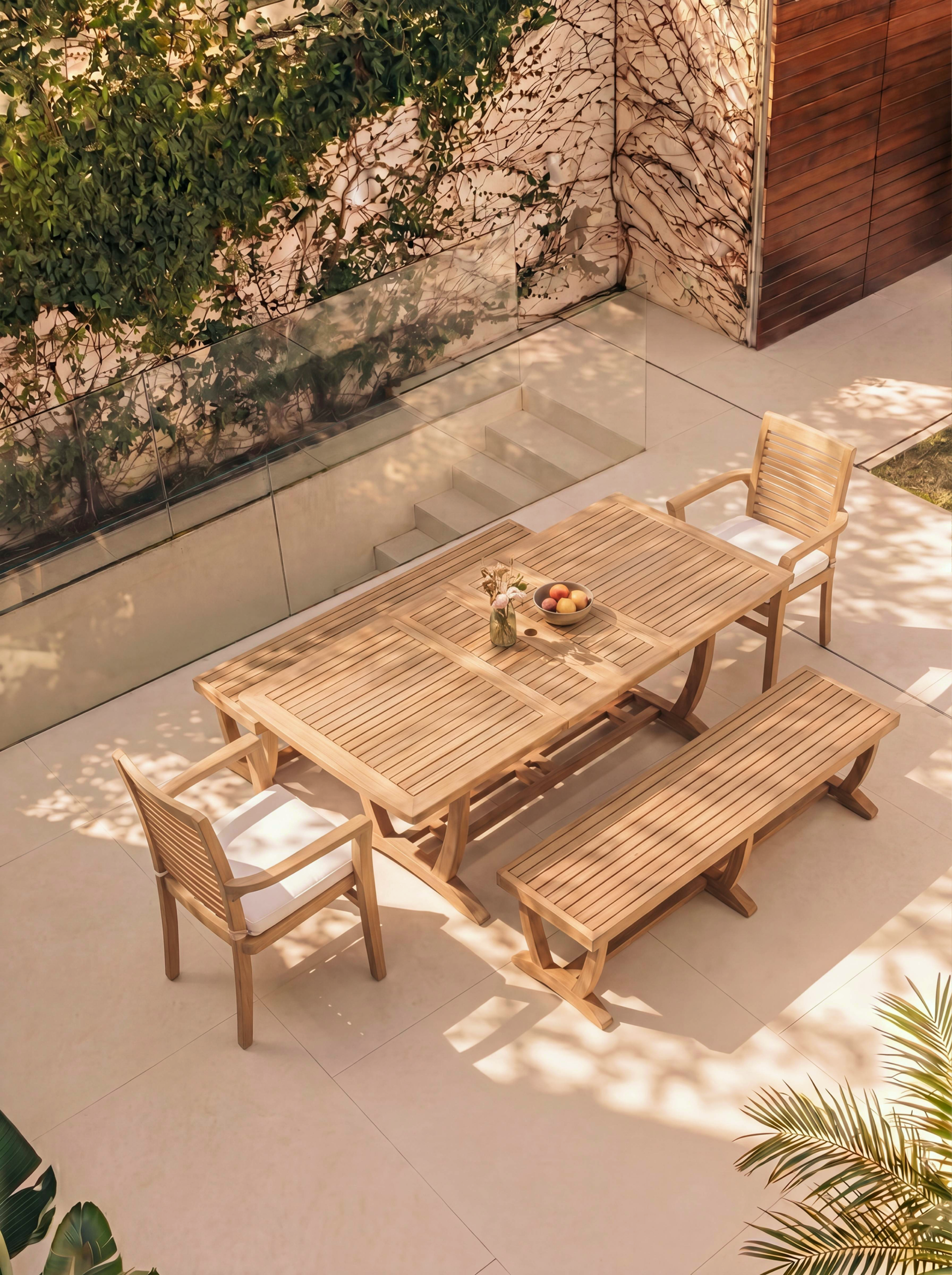 Teak Burnham 8 Seater Extending Table 1.8m-2.4m (4cm Thick Top) with 2* Teak Belgrave Stacking Chairs and 2* Burnham Bench 1.8m (Garden / Outdoor Dining Set)