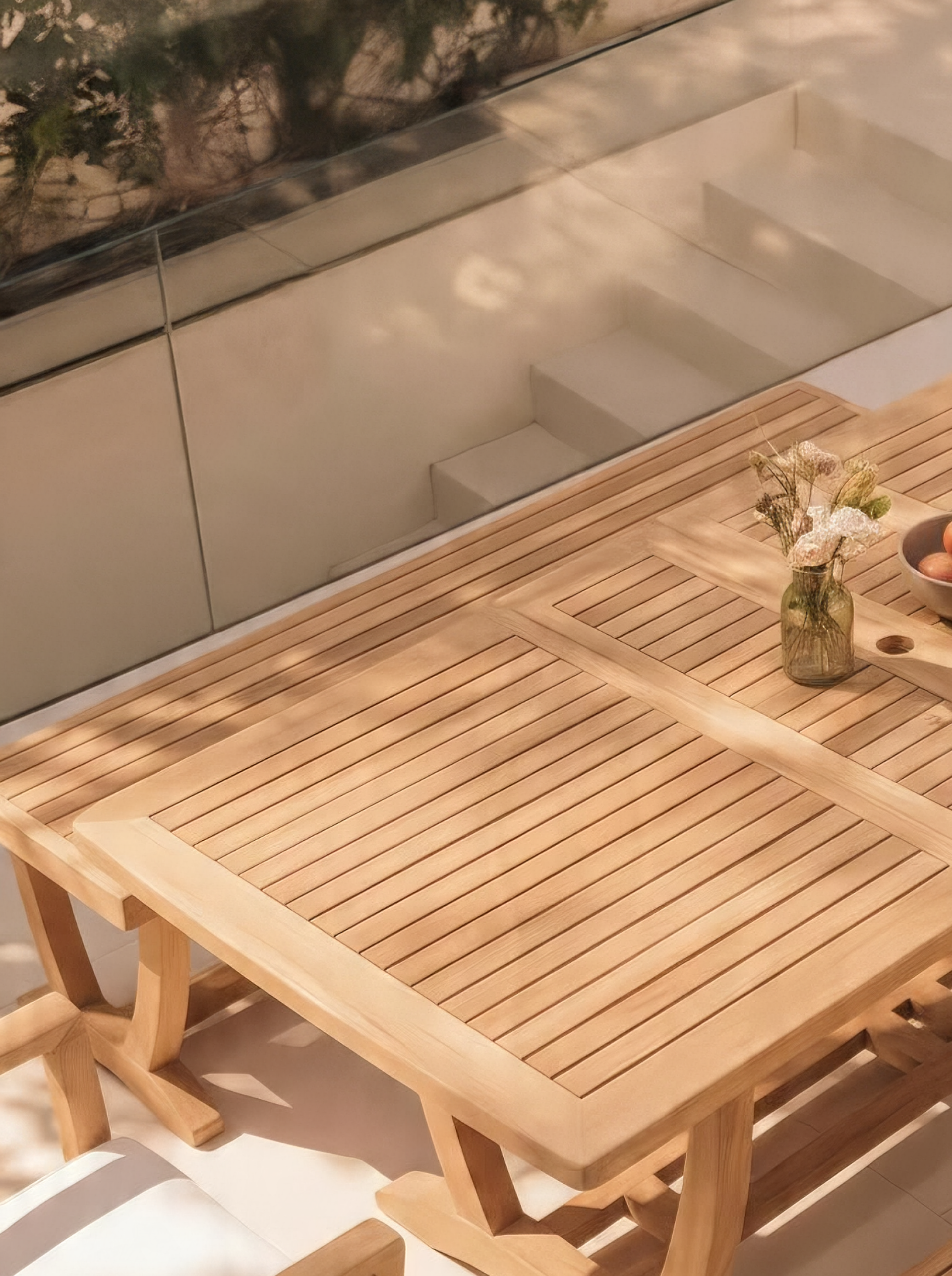 Teak Burnham 8 Seater Extending Table 1.8m-2.4m (4cm Thick Top) with 2* Teak Belgrave Stacking Chairs and 2* Burnham Bench 1.8m (Garden / Outdoor Dining Set)