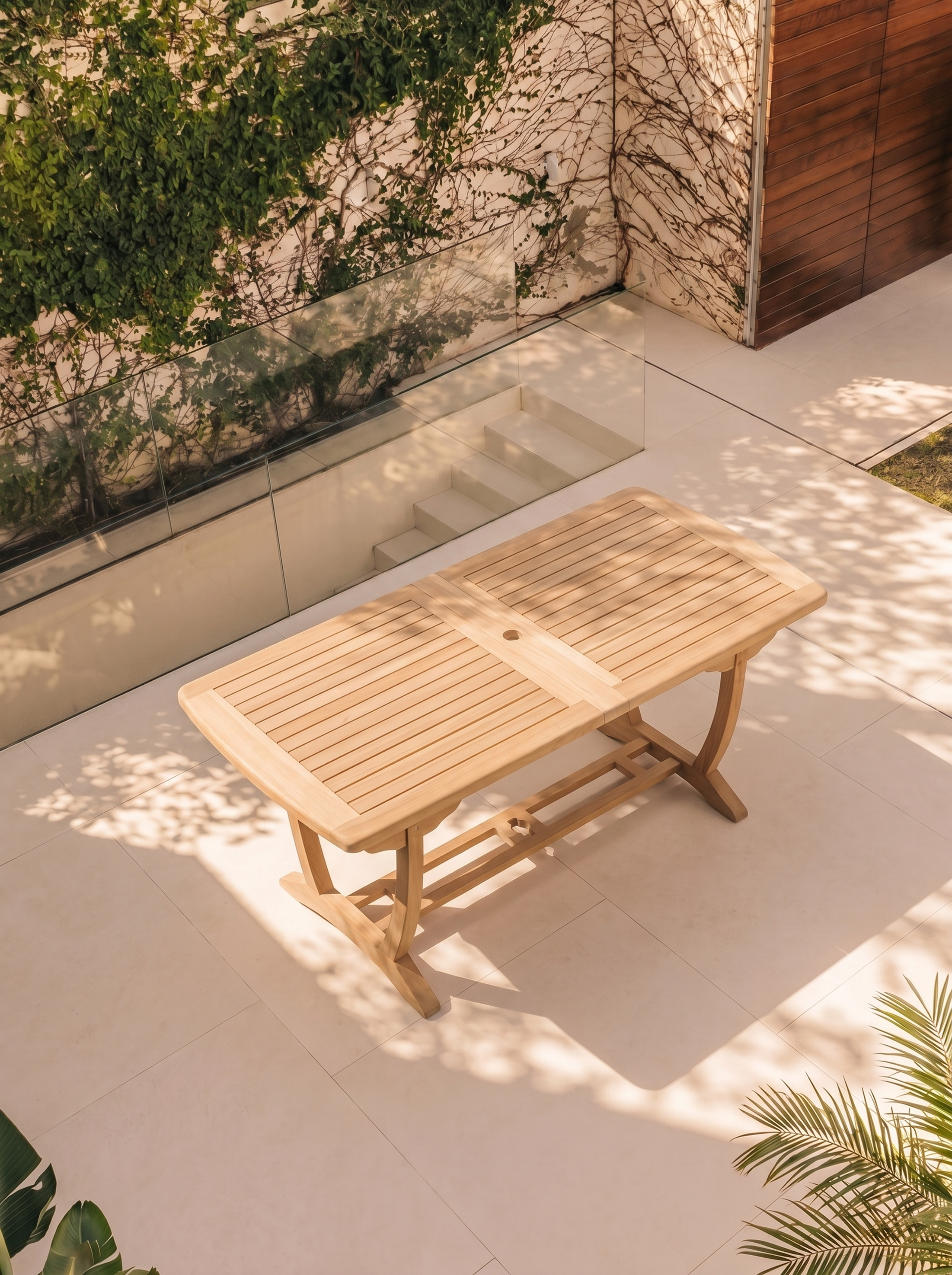 Teak Burnham 8 Seater Extending Table 1.8m-2.4m (4cm Thick Top) with 2* Teak Belgrave Stacking Chairs and 2* Burnham Bench 1.8m (Garden / Outdoor Dining Set)