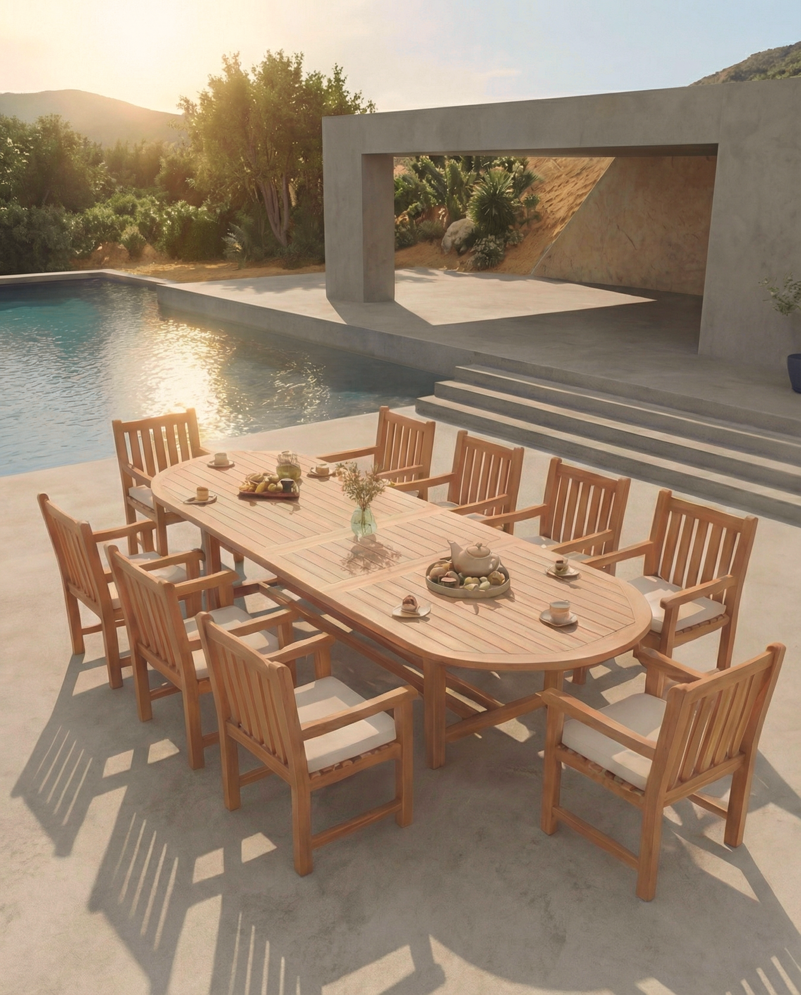 Teak Belgrave 10 Seater Extending Table 2m-3m (4cm Thick Top) with 10 Oxford Teak Chairs (Garden / Outdoor Dining Set)