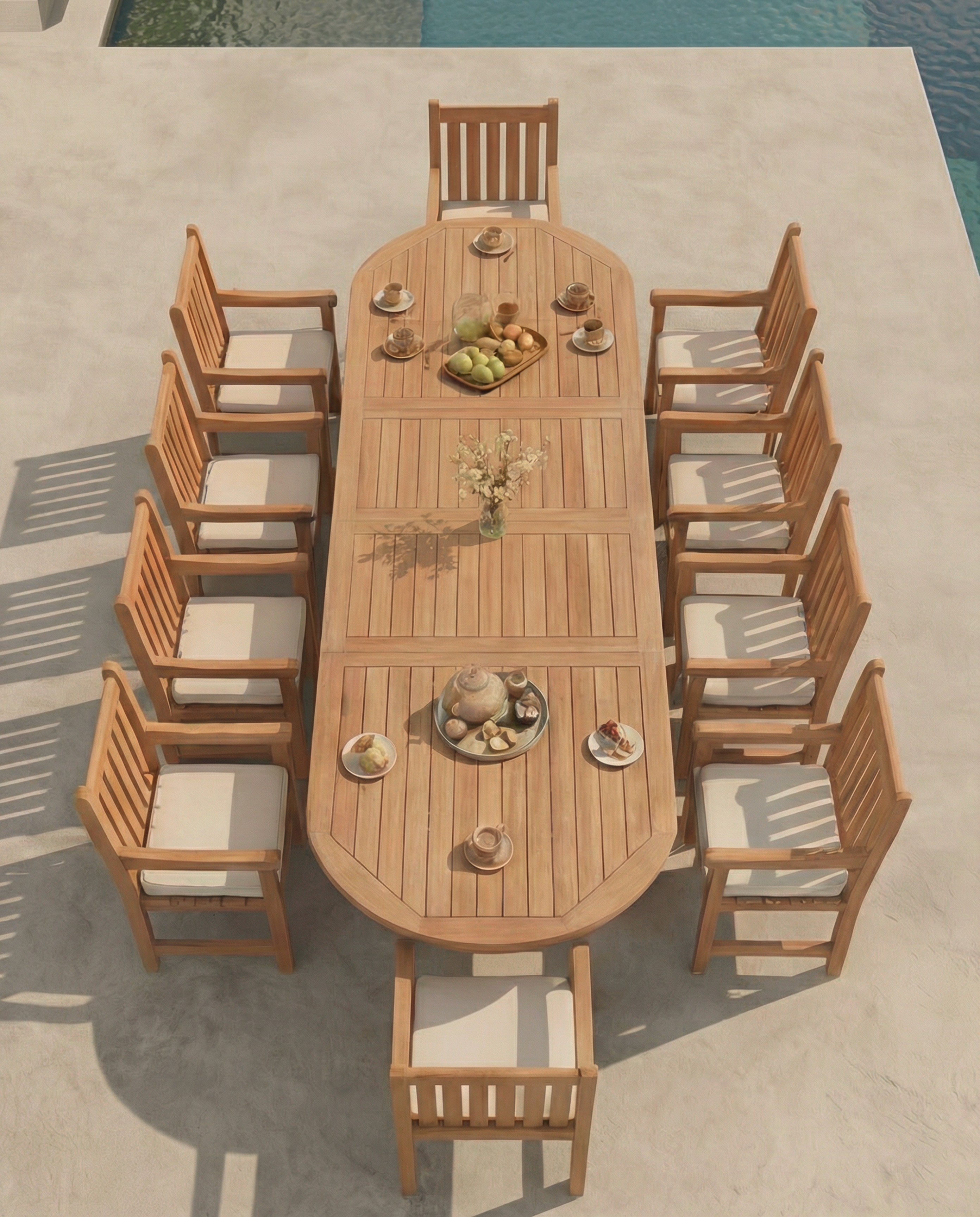 Teak Belgrave 10 Seater Extending Table 2m-3m (4cm Thick Top) with 10 Oxford Teak Chairs (Garden / Outdoor Dining Set)