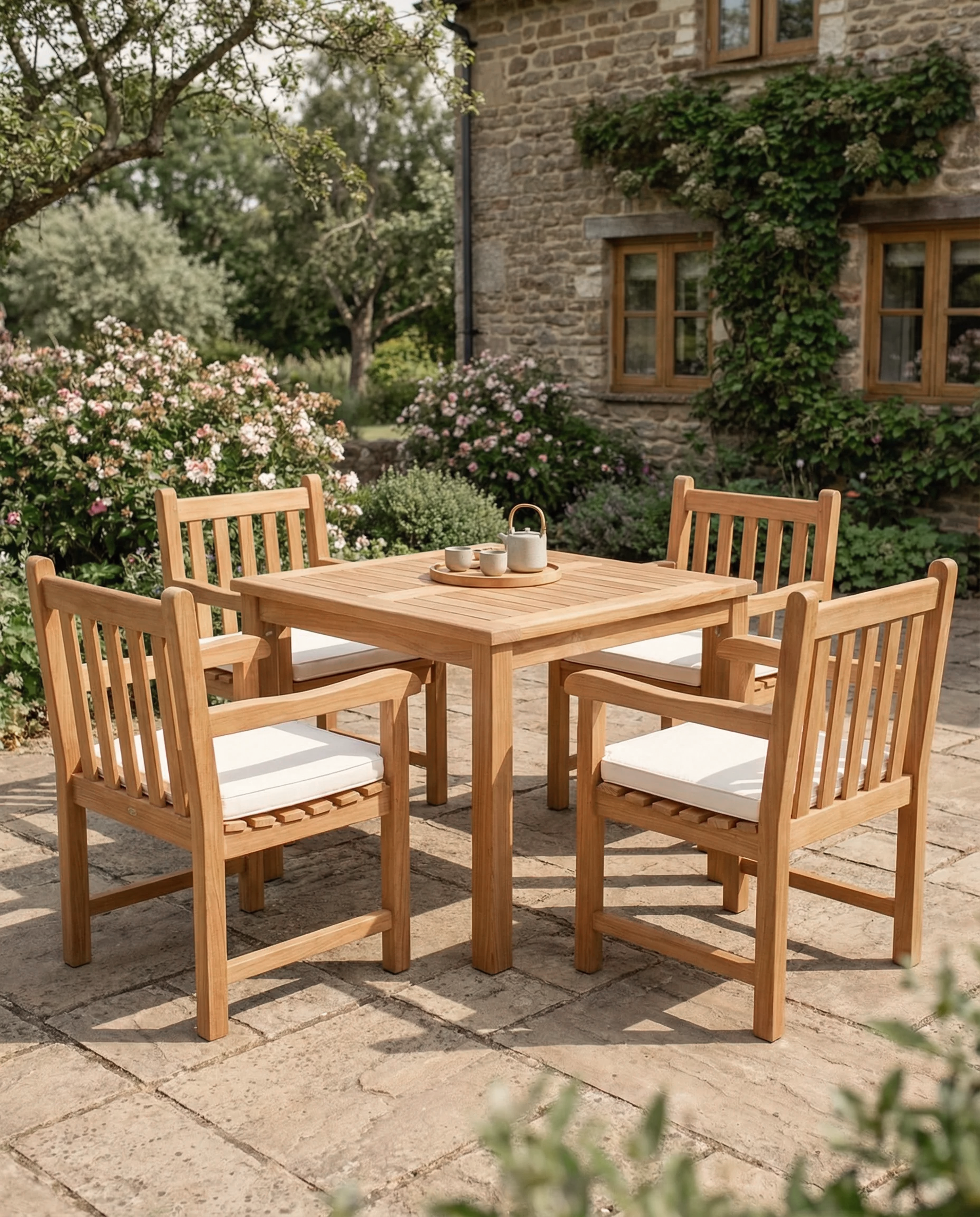 Teak Square 4 Seater Table 90cm (4cm Thick Top) with 4 Belgrave Stacking Chairs (Garden / Outdoor Dining Set)