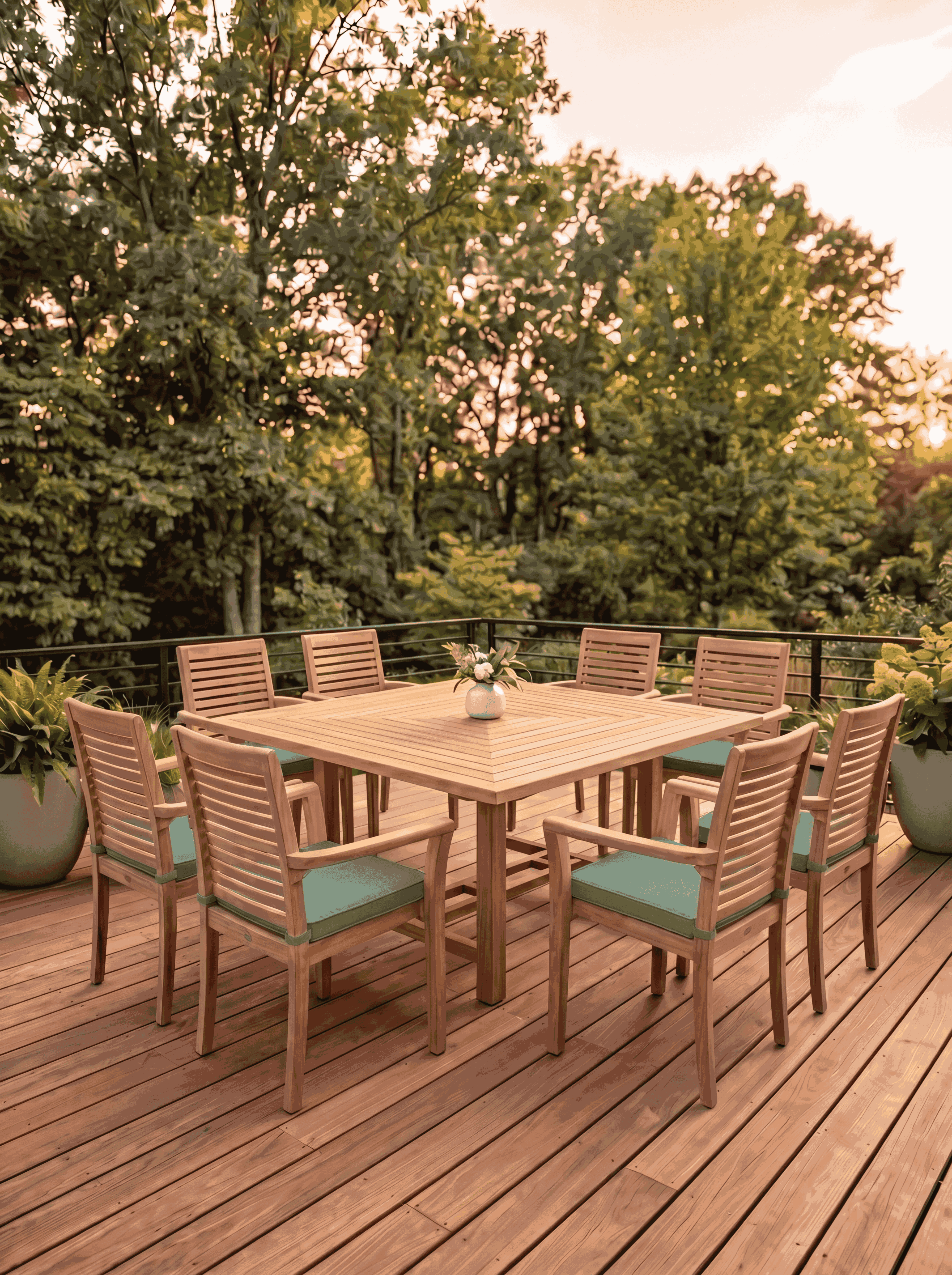 Teak Square 8 Seater Table 1.5m (4cm Thick Top) with 8 Teak Belgrave Stacking Chairs (Garden / Outdoor Dining Set)