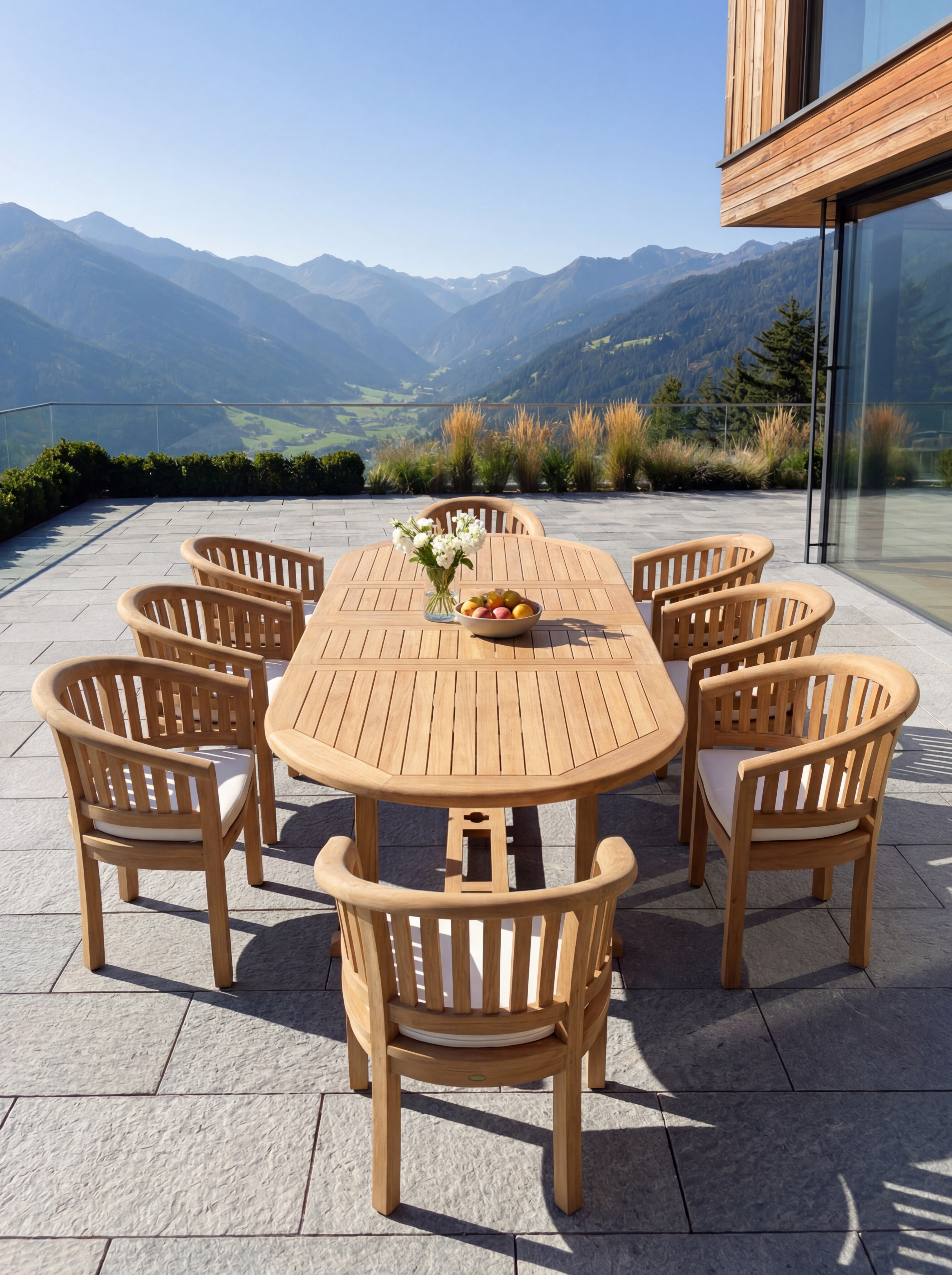 Teak Belgrave 8 Seater Extending Table 1.8m-2.4m (4cm Thick Top) with 8 ×Teak Banana Chair vertical Slats (Garden / Outdoor Dining Set)